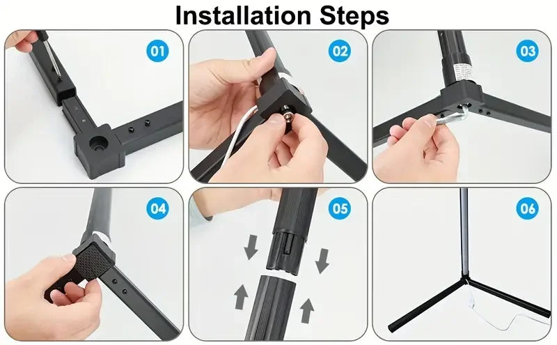 Sechs Schritte zur Installation einer schwarzen Stehlampe mit verstellbarem Arm.