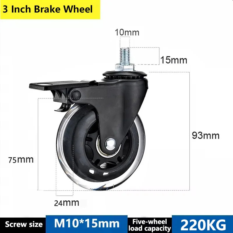 A black 3 inch brake wheel with a silver screw and various dimension markings.