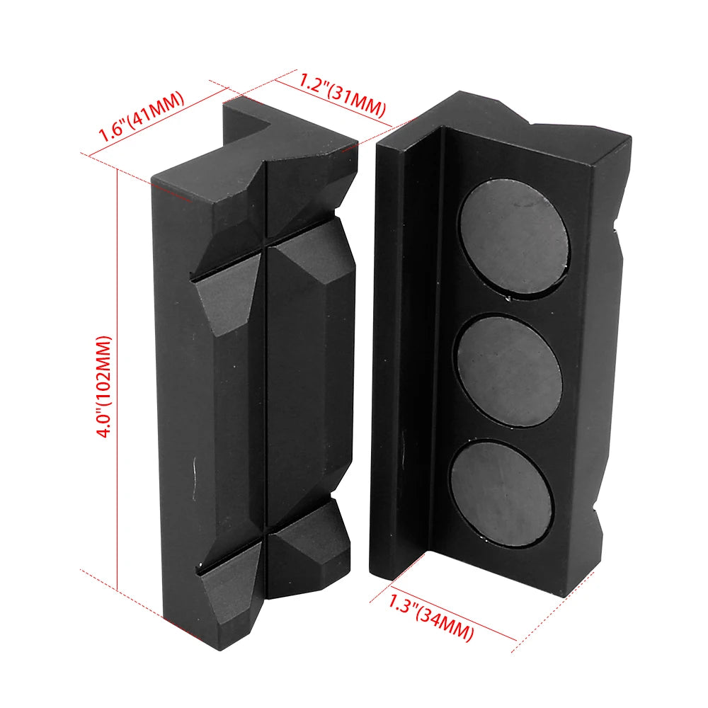 Black aluminum magnetic vise jaw inserts with various sizes and fitting protection dimensions