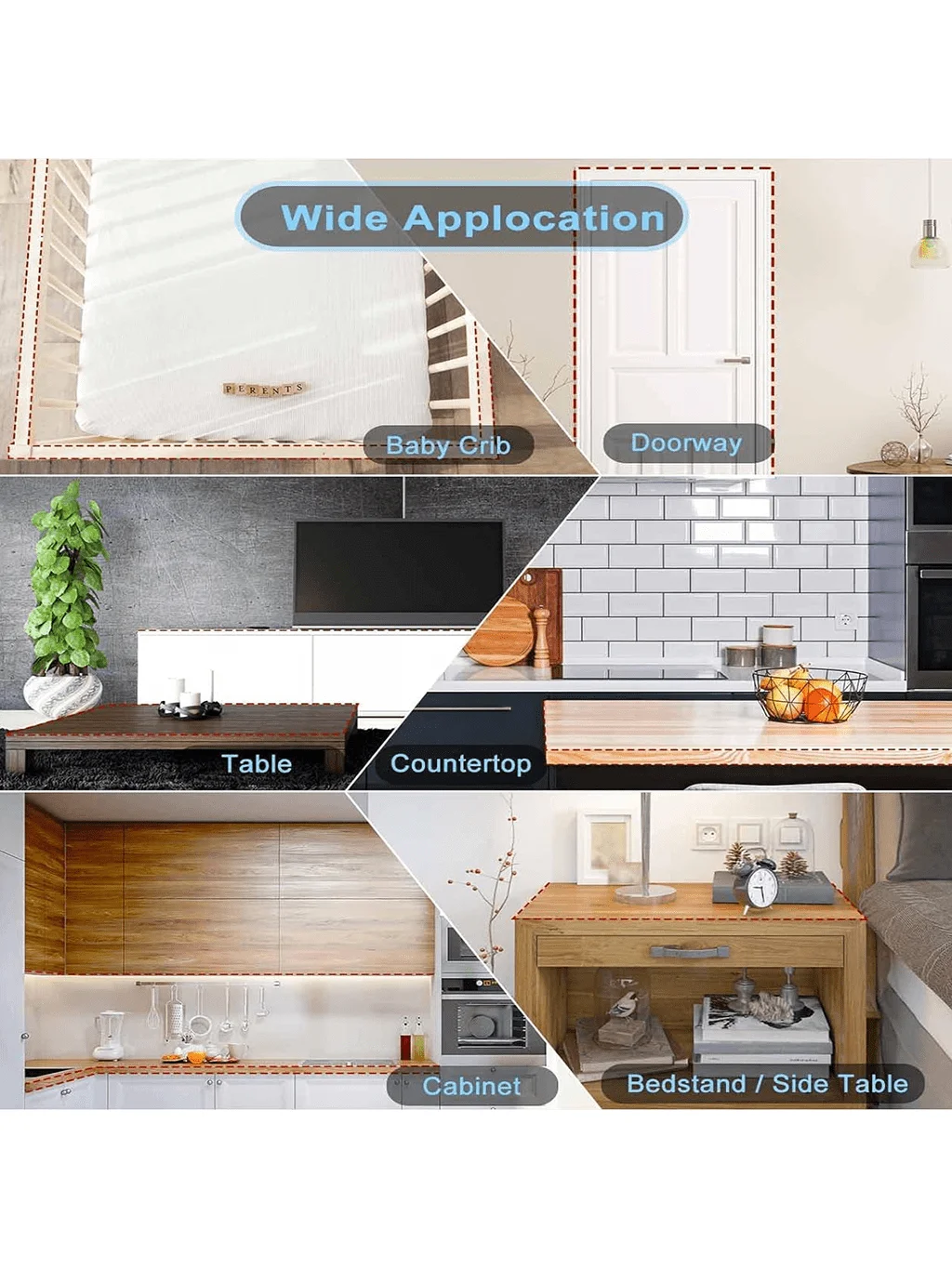 Silicone edge protector strips used on furniture corners, including a baby crib, doorway, countertop, cabinet, and bedstand.