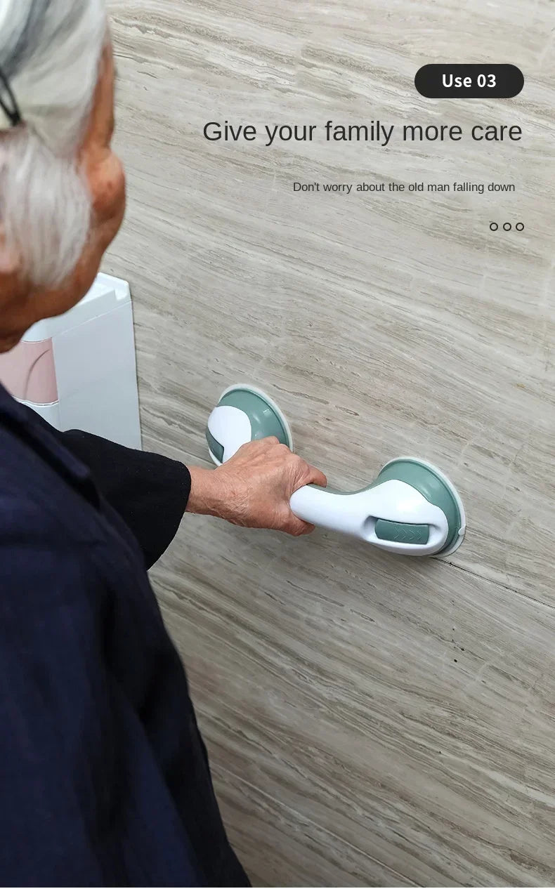 An elderly person is using a white shower grab bar and handrail mounted on a tiled wall.