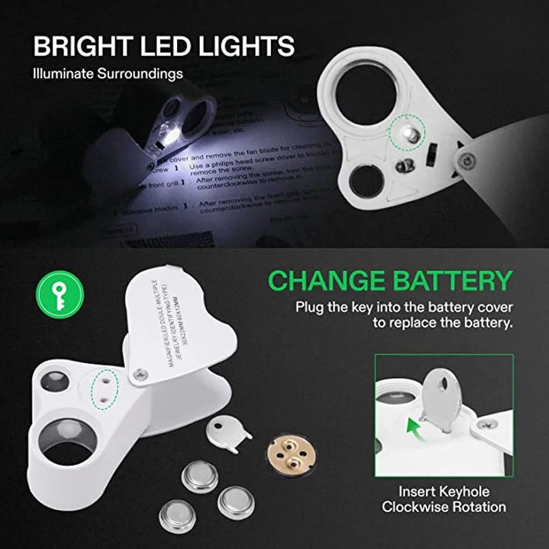 A white foldable LED magnifier is shown with battery replacement components and instructions for use.