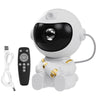 A white astronaut night light projector with a black visor and gold accents.