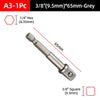 A set of 3/8 inch hex and square socket adapters in grey for power tools.