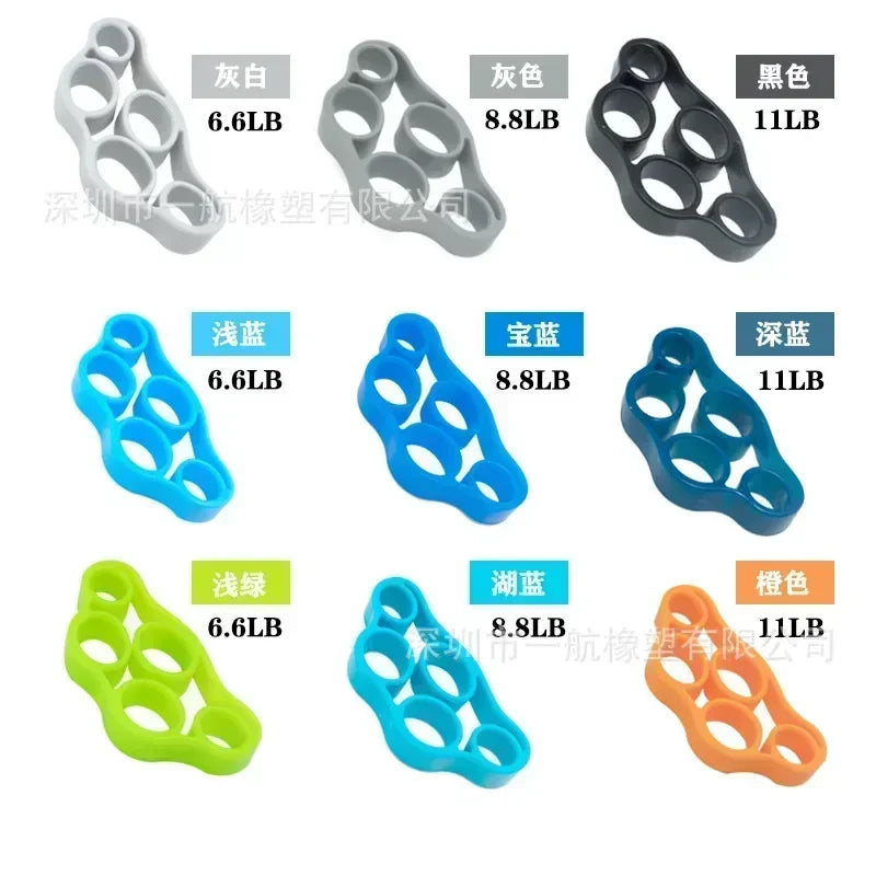 A set of silicone finger and wrist strength trainers in various colors including white, black, blue, green, and orange.