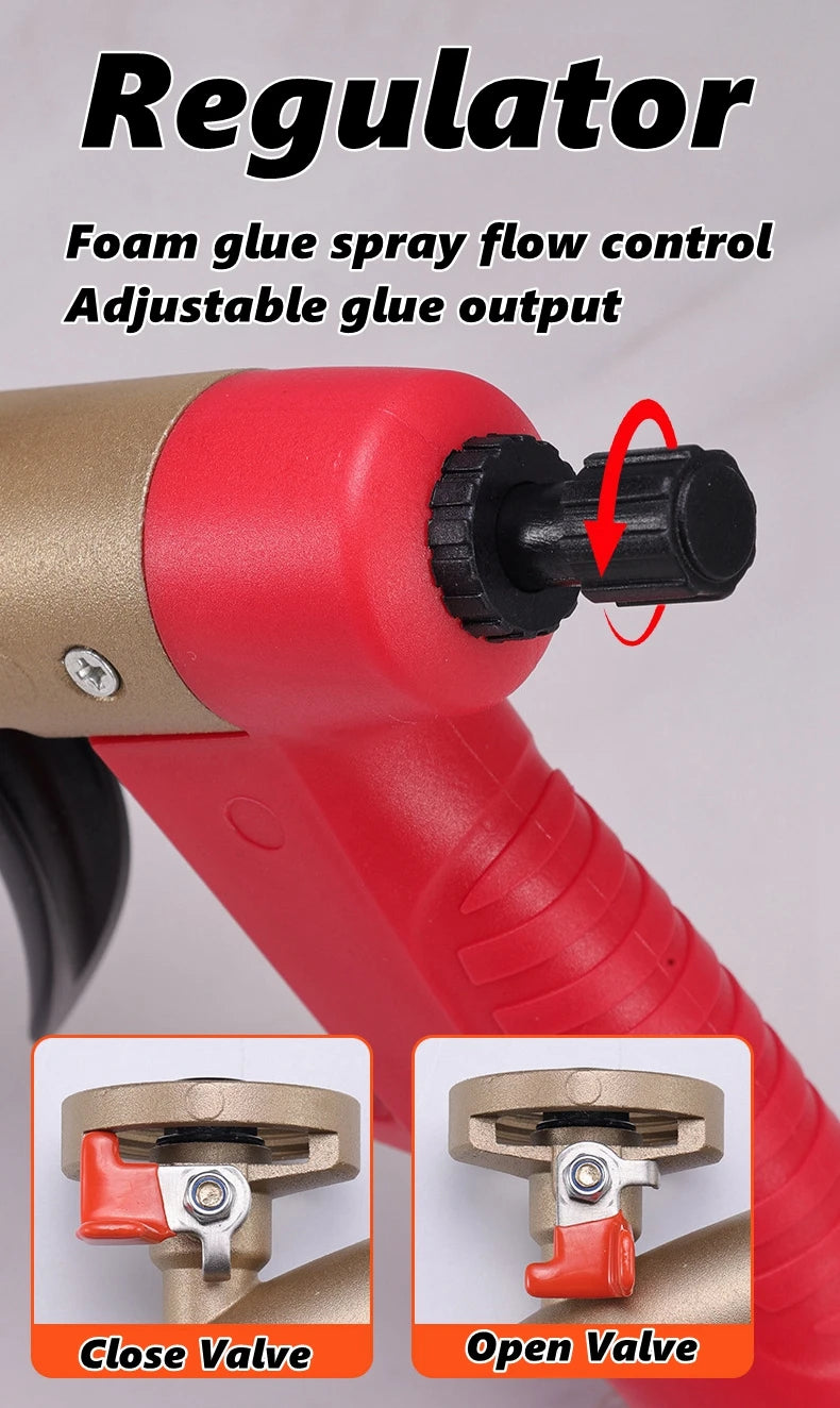 A red foam glue spray regulator with a flow control mechanism, showing both closed and open valve settings.