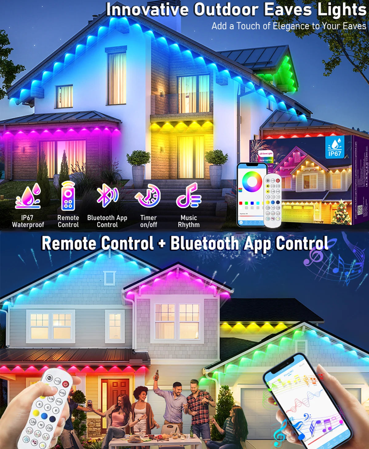 Innovative Außenelemente-Lichter mit Fernsteuerung und Bluetooth-App zur Beleuchtung einer Hausfassade.