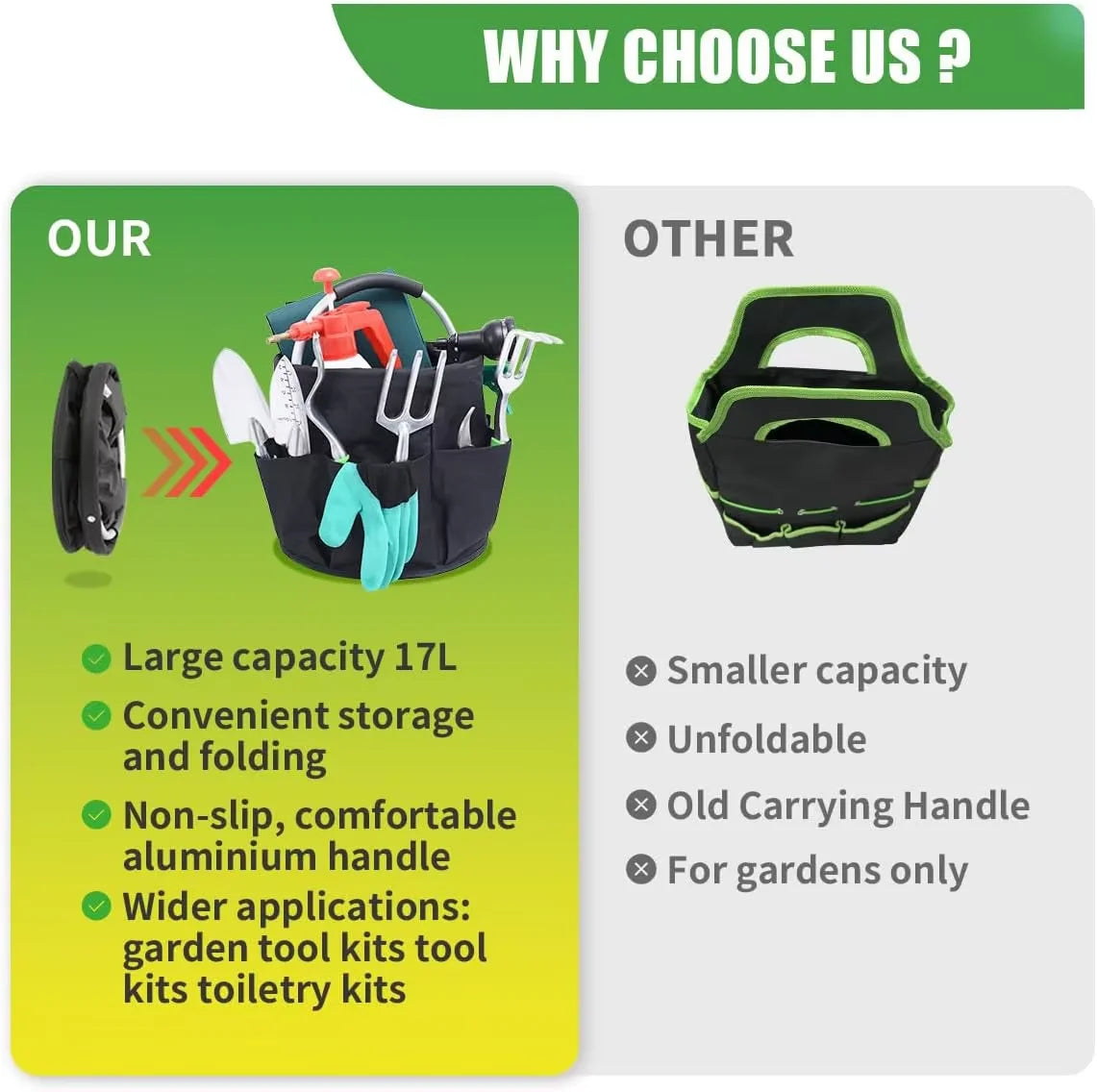 A black folding storage organizer basket with an aluminium handle is shown next to a green version.