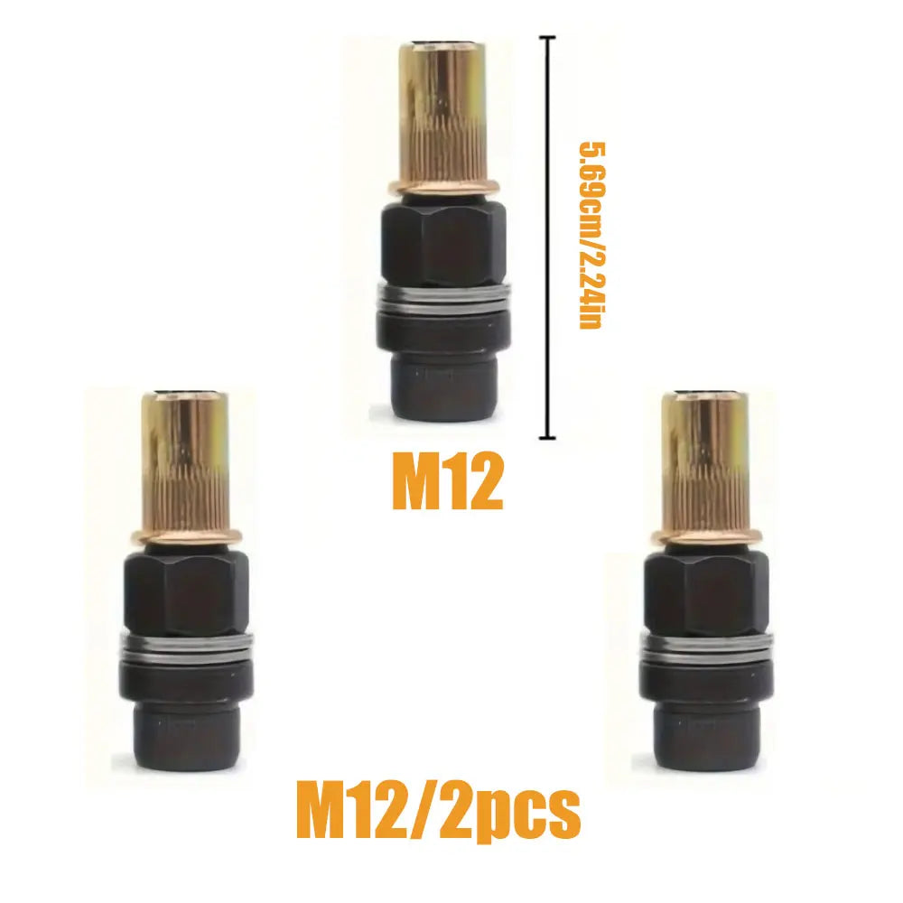 M12 riveting tool set showing two brass and black threaded components.