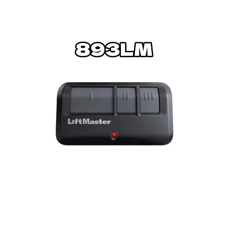 A black LiftMaster receiver kit with multiple buttons and a red indicator light.