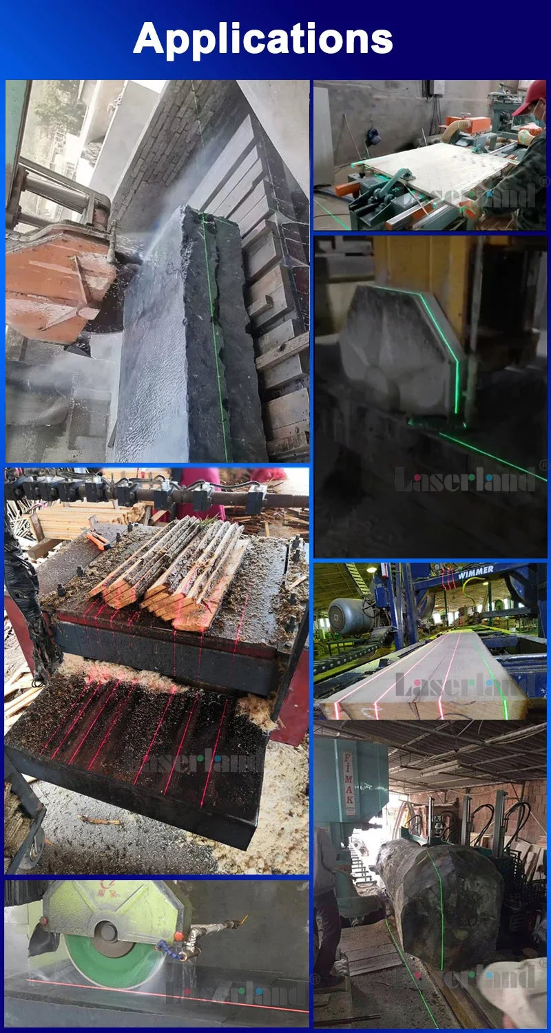 Various applications showing a portable dual-color line laser module used for cutting and marking materials.