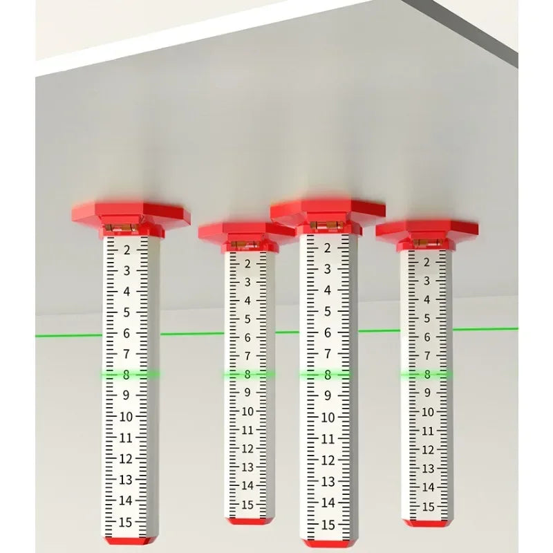 A set of red precision ceiling leveling tools with marked scales used for tile and wall installation.