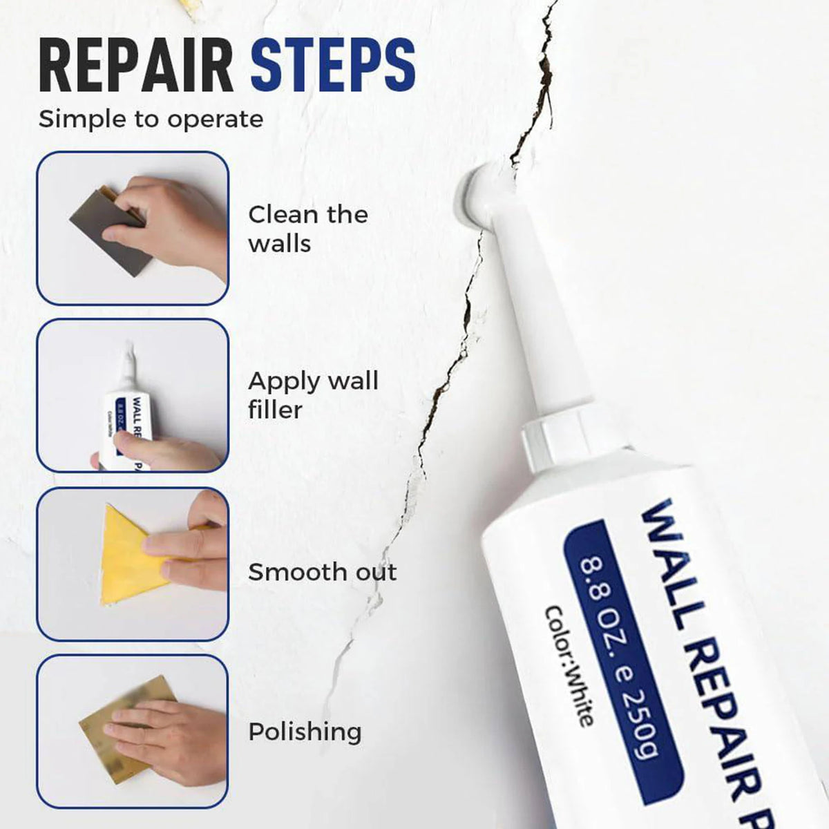 Diagram showing the repair steps for wall filler, including cleaning, applying, smoothing, and polishing.