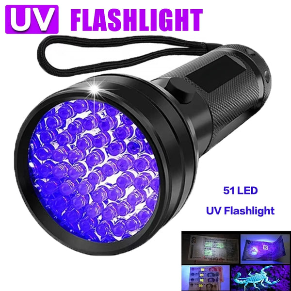 A black UV flashlight with a purple light emitted, used for pet stain detection.