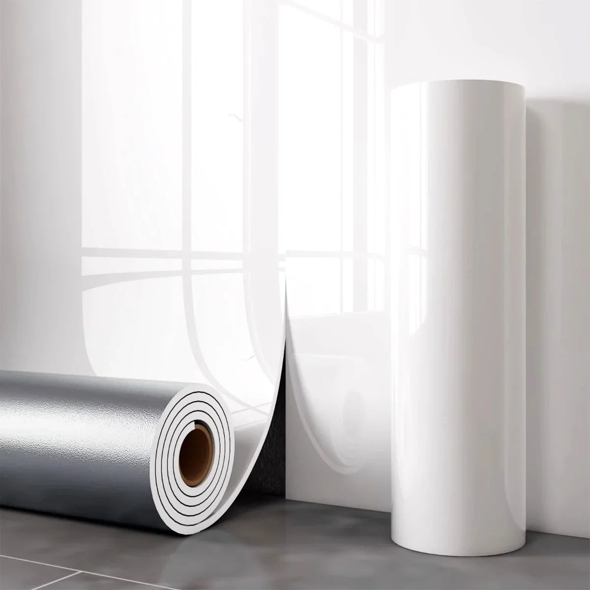 Autocollants muraux effet marbre argenté et autocollants à poser, posés à côté d'un mur blanc.