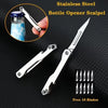 Stainless steel bottle opener scalpel with 10 free blades shown on a black background