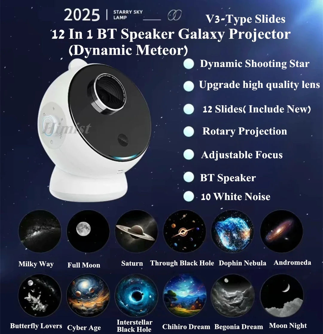 A white V3-Type Slides projector displaying various celestial objects like the Milky Way, planets, and nebulae.