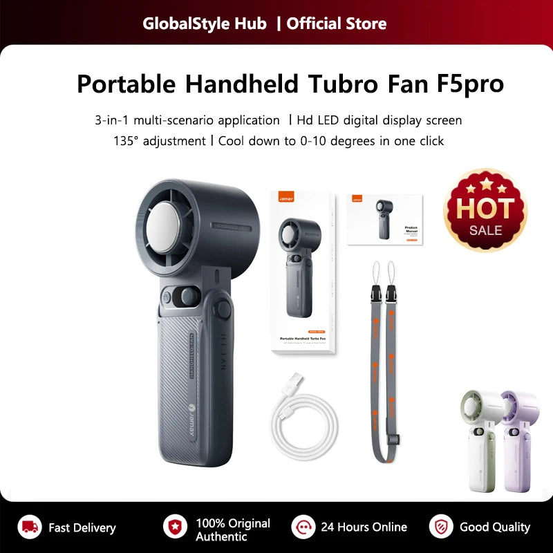 Portable handheld turbo fan with digital display shown in a product box and on a white background.