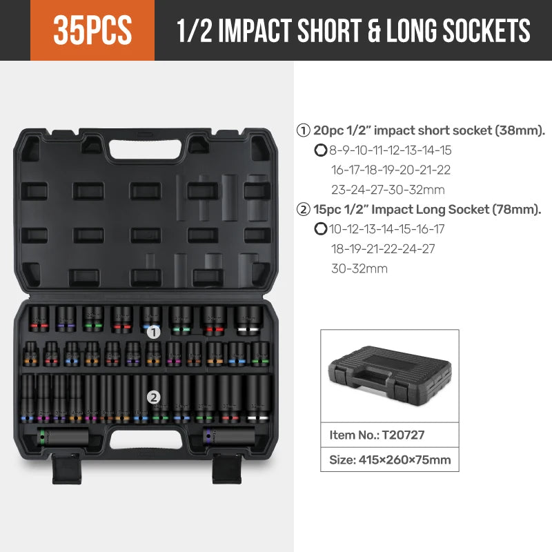 A black storage rack holding 35 pieces of 1/2 inch impact short and long sockets.
