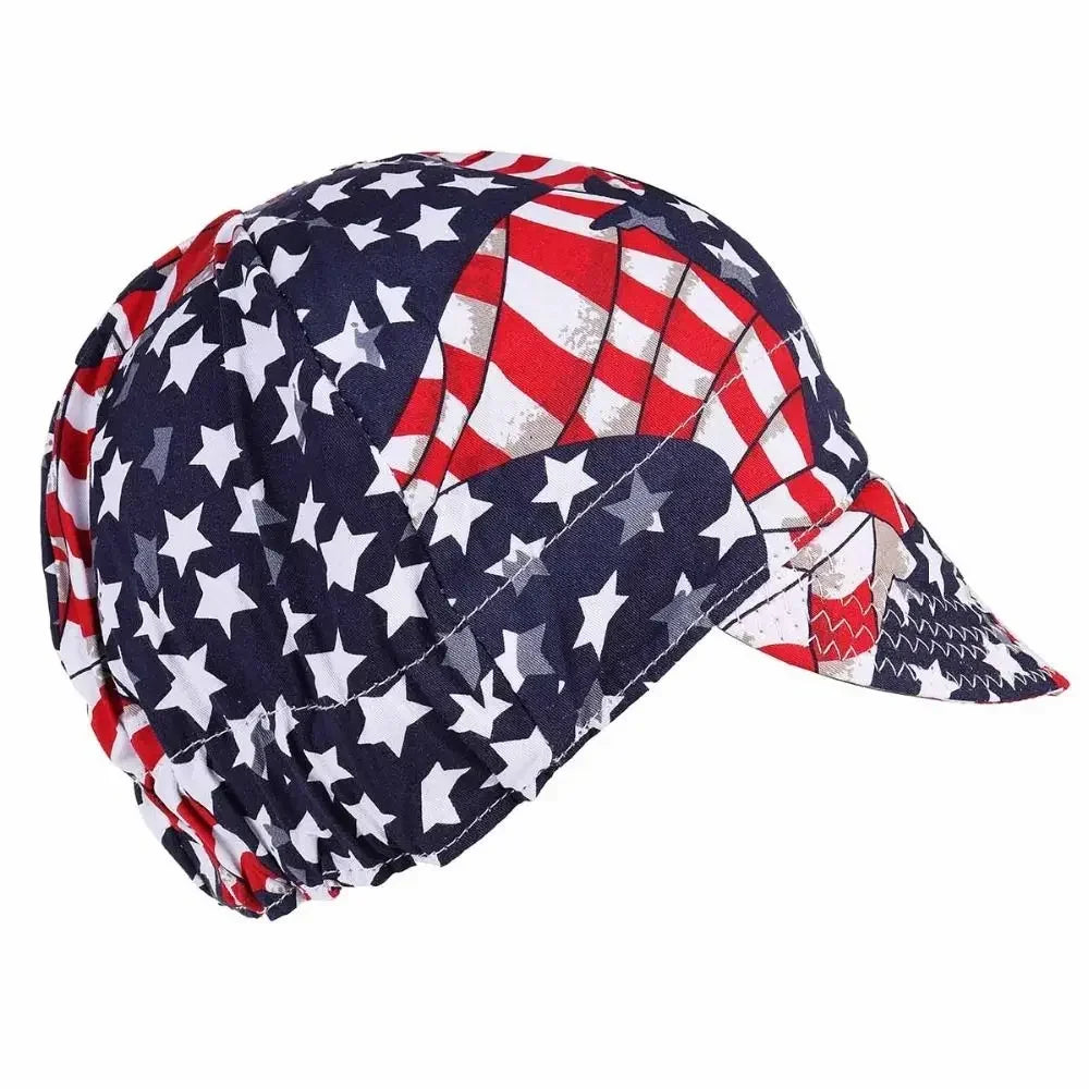 A dark blue and red patriotic patterned welding and work cap.