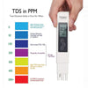 A hand holds a digital water quality tester measuring TDS in PPM, with a scale showing various water quality levels.