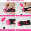 Hands demonstrate the easy replacement of blades on a black and pink multi-purpose adhesive remover scraper.