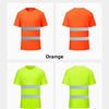 Two high visibility work shirts, one orange and one fluorescent green, featuring reflective stripes.