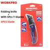 Red packaging for a WorkPro folding knife with 5T blades and 6 pieces of blade storage.