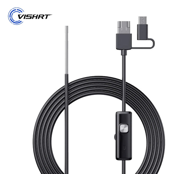 Black industrial endoscope camera with a coiled cable and a connector for mobile inspection