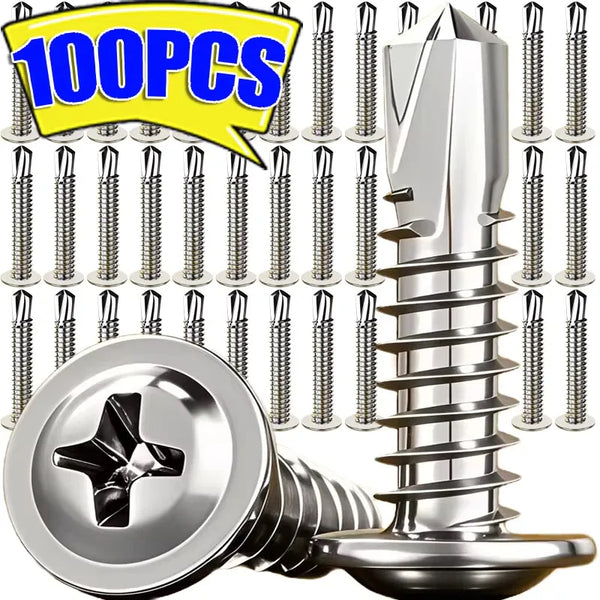 A close-up view of high-strength stainless steel sheet metal screws with a hexagonal head and threaded shaft.