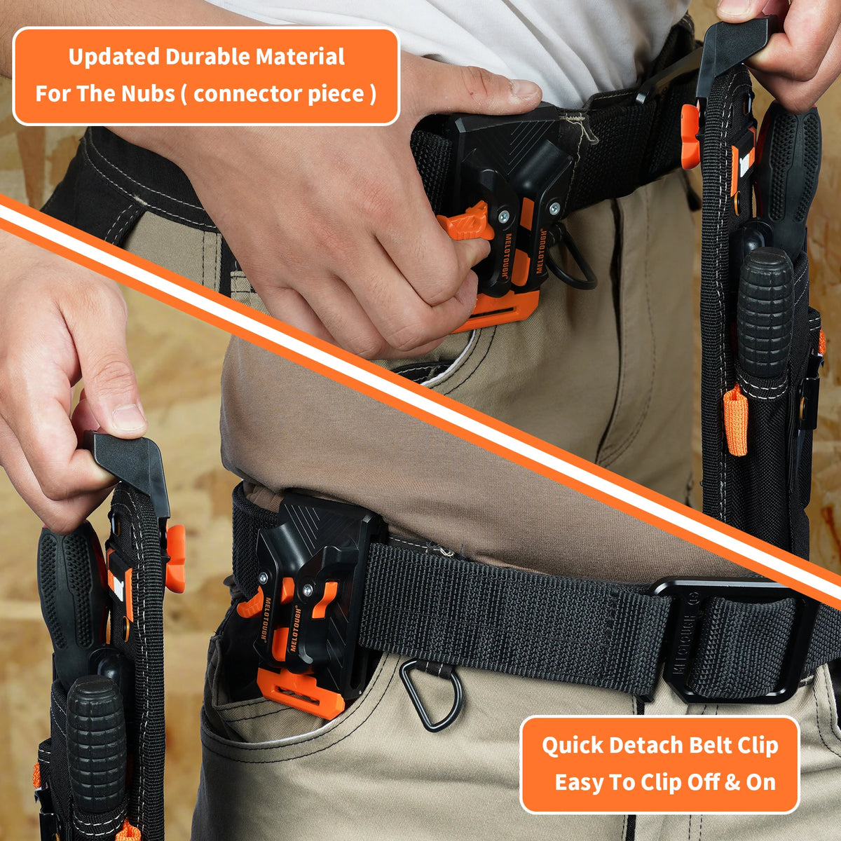 A hand is shown attaching a small tool pouch with a quick detach belt clip to a pair of pants.