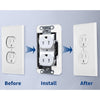 Before, install, and after views of a rust-proof flush mount outlet gasket for wall plates.