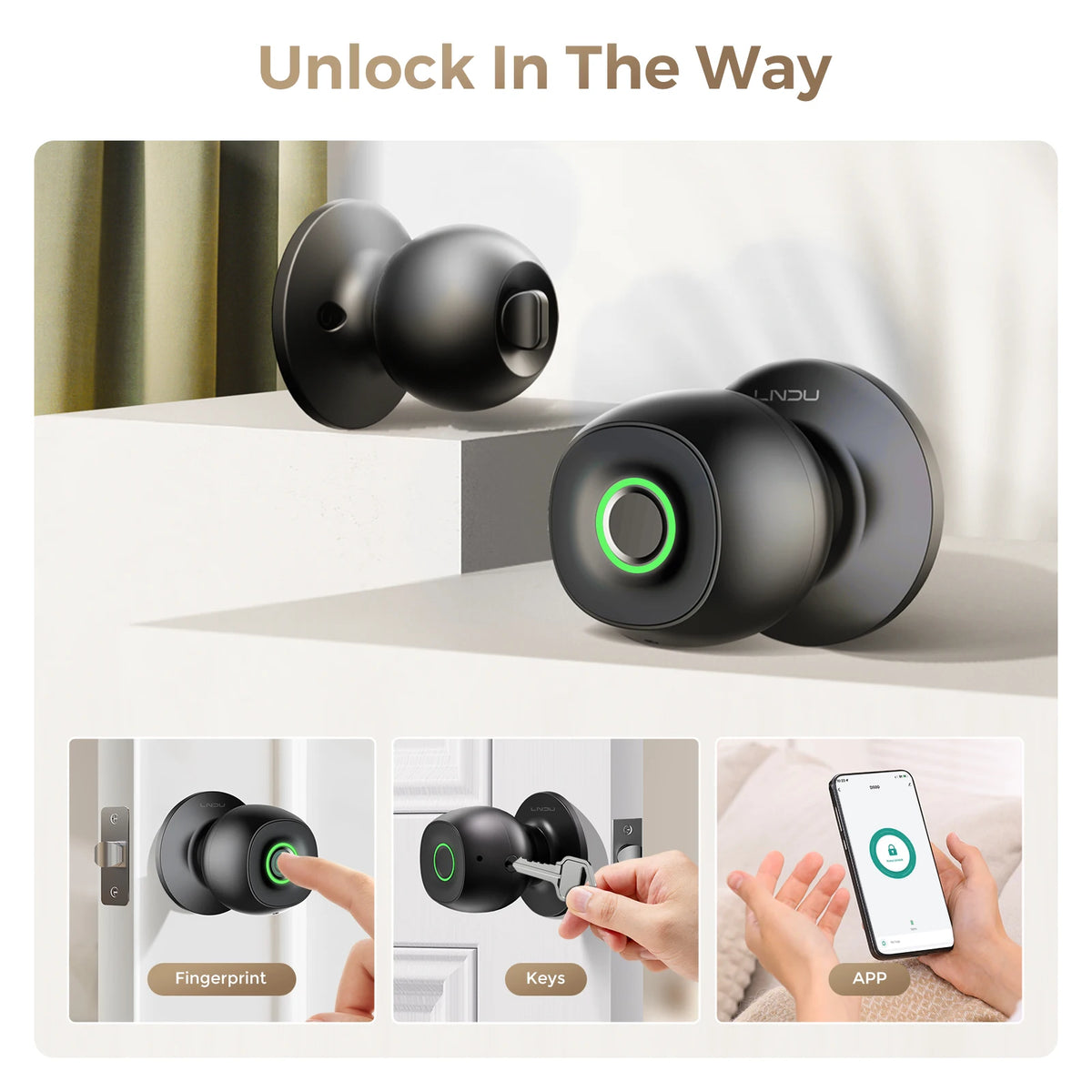 A smart fingerprint keyless door lock device shown with its components and an accompanying mobile app interface.