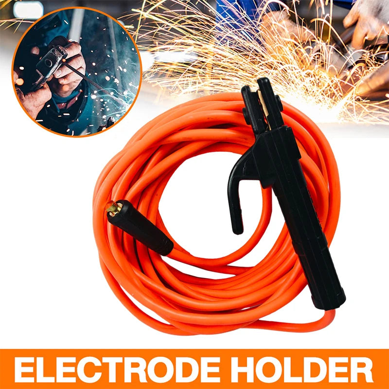 Orange heavy-duty electrode holder with a coiled wire and a close-up of sparks flying
