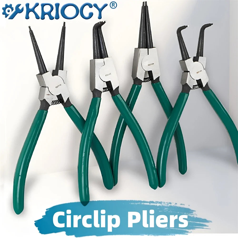 A set of green precision carbon steel circlip pliers shown against a light gray background.