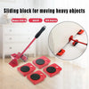 A set of red sliding blocks used as a tool for moving heavy objects, shown with a long handle and various sized blocks.