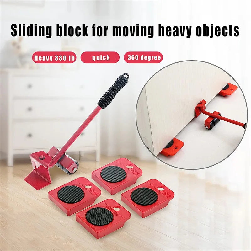 A set of red sliding blocks used as a tool for moving heavy objects, shown with a long handle and various sized blocks.