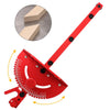 A red precision miter gauge with a saw blade and a wooden block shown alongside an inset view.