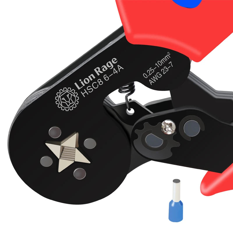 A close-up view of a black Lion Rage crimping tool with an AWG 23-7 die and a blue wire.