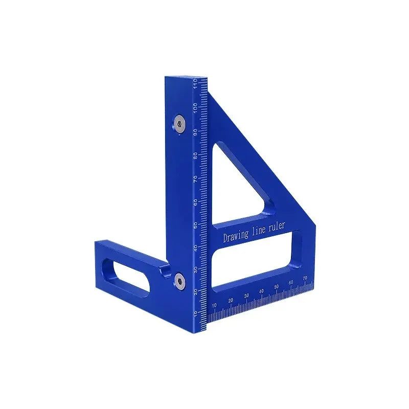 A blue precision angle and layout square ruler used for woodworking measurements.