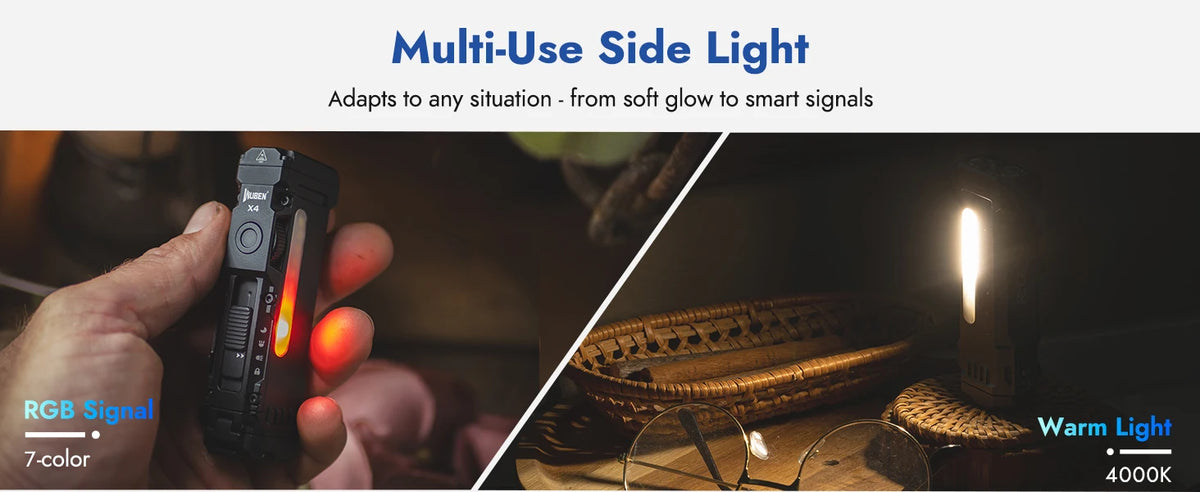 A hand holds a Multi-Use Side Light flashlight, demonstrating its adaptability from soft glow to smart signals.