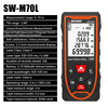 An SDWAY SW-M70L laser distance meter and tape measure in black with orange accents.