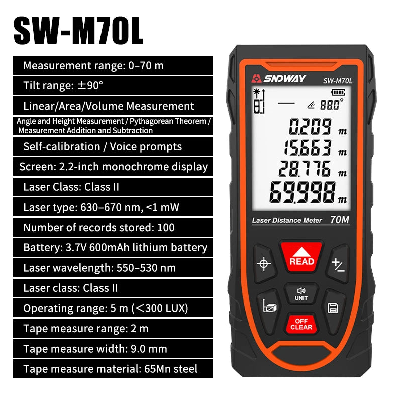 An SDWAY SW-M70L laser distance meter and tape measure in black with orange accents.