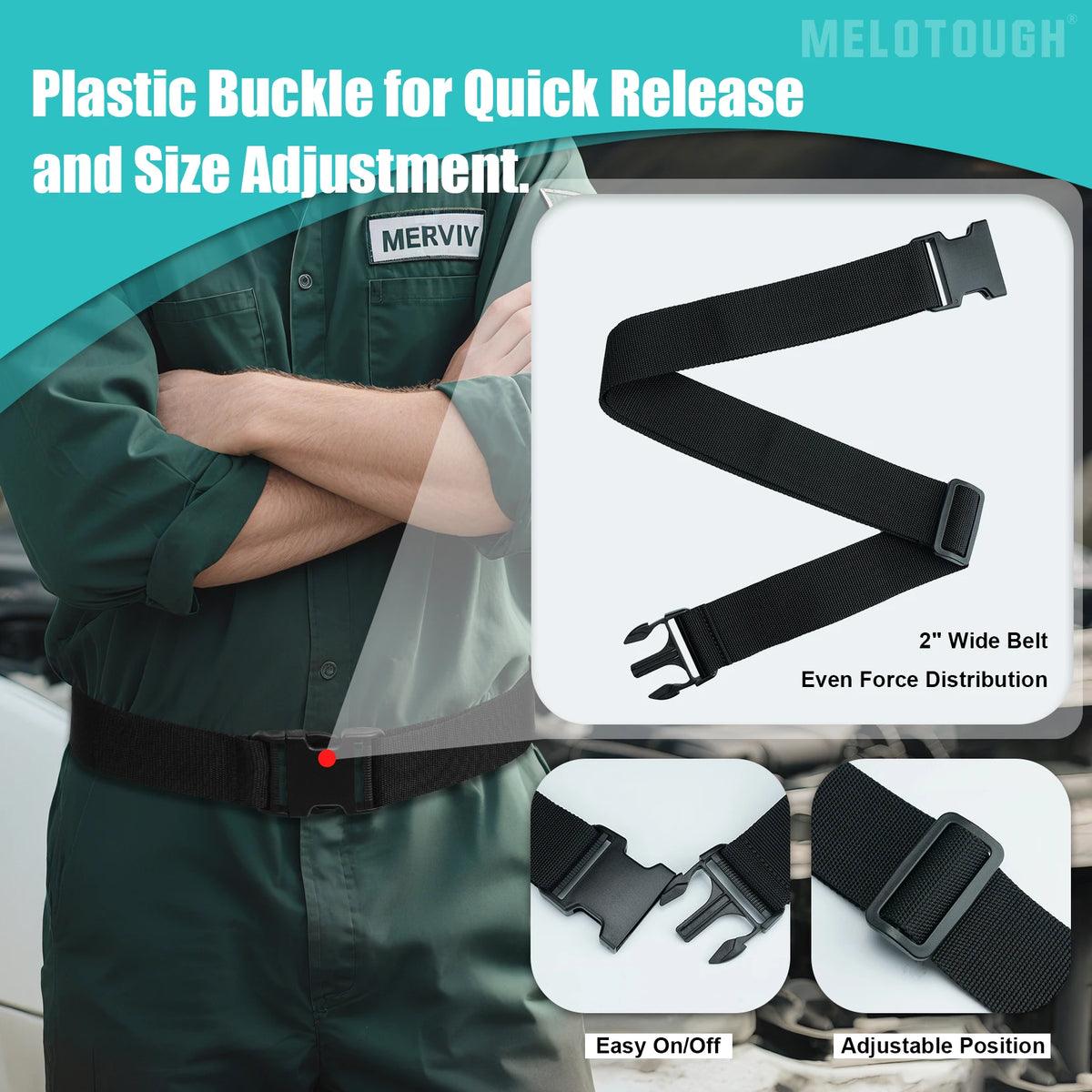 A black plastic buckle belt for quick release and size adjustment shown on a person's torso.