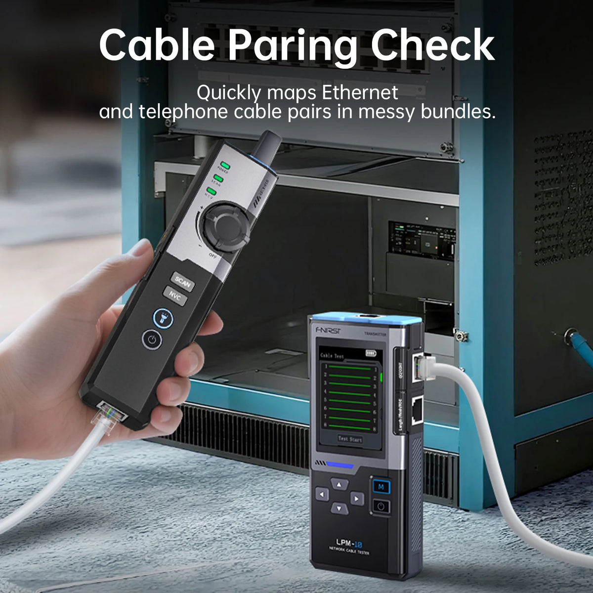 A hand holds a professional network cable tester device used to check Ethernet and telephone cable pairs.