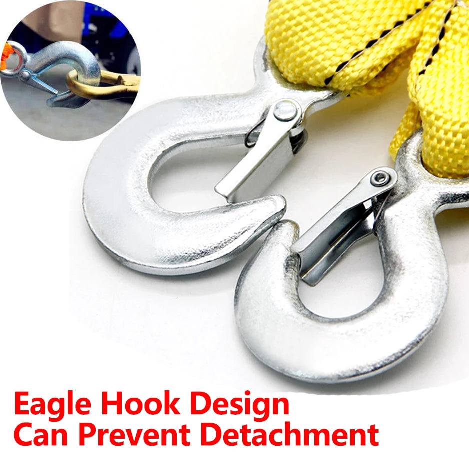 Silver eagle hook design can prevent detachment on a yellow towing rope.