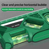 A green precision mini level gauge and protractor set showing a clear horizontal bubble for accurate leveling.