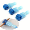 Three blue plastic tap self-stripping wire connectors shown with a close-up view.