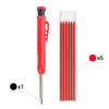 A set of red precision carpenter pencils with refills in a clear plastic container.