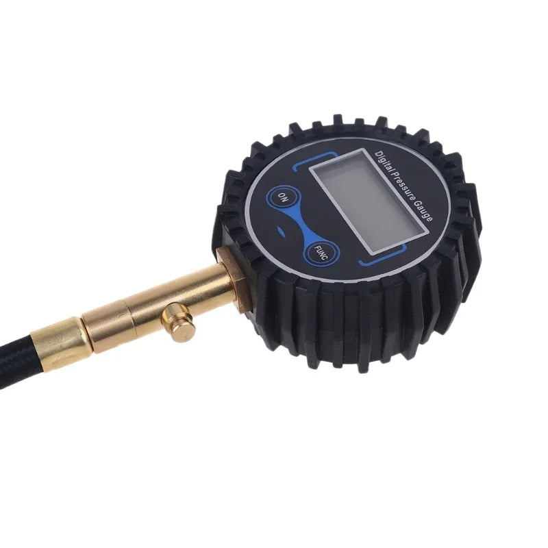 A black digital tire air pressure gauge with a brass fitting and an LCD display.
